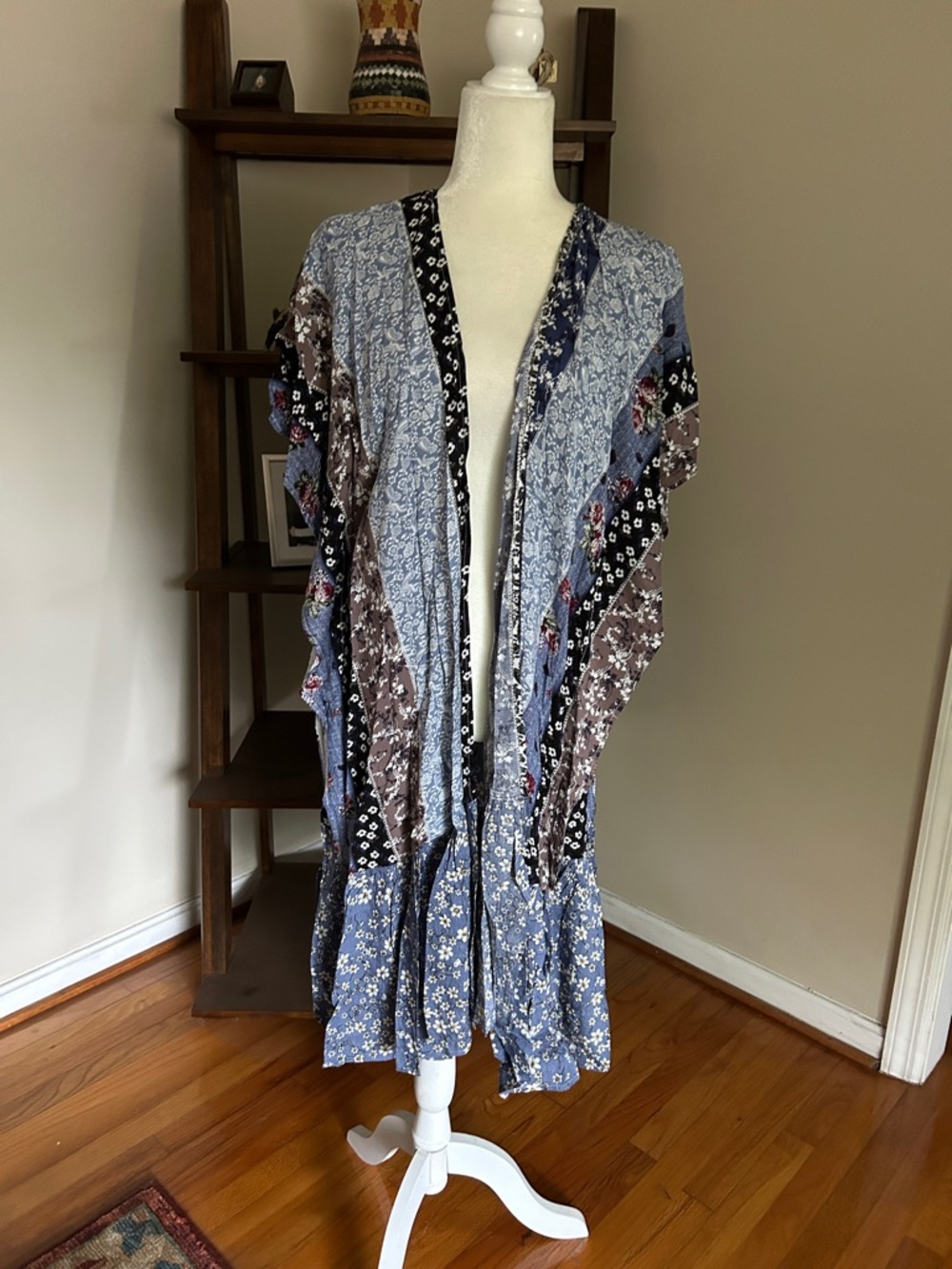 Easel Blue Multi-Pattern Open Front Kimono